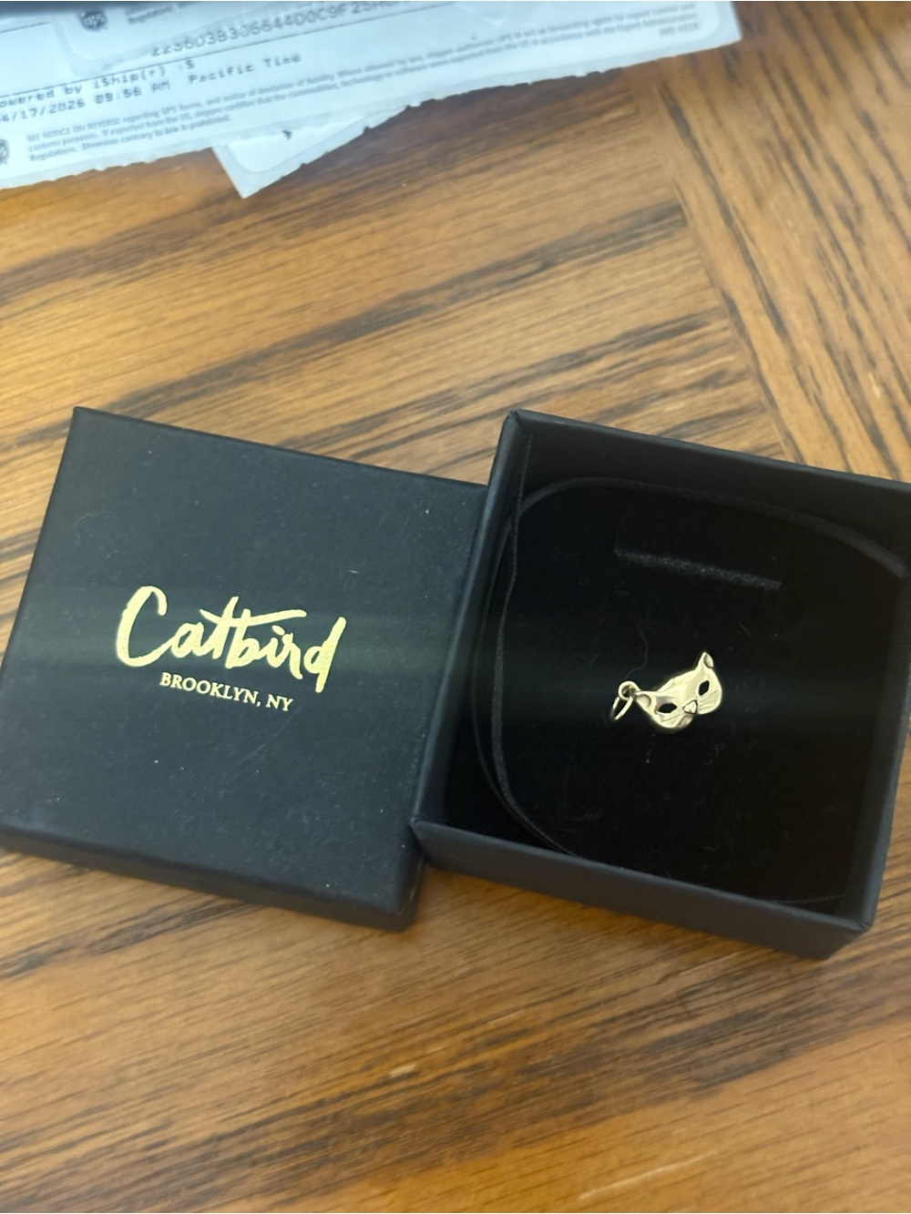 Catbird Gold Kitten Mask Charm on Black Cord